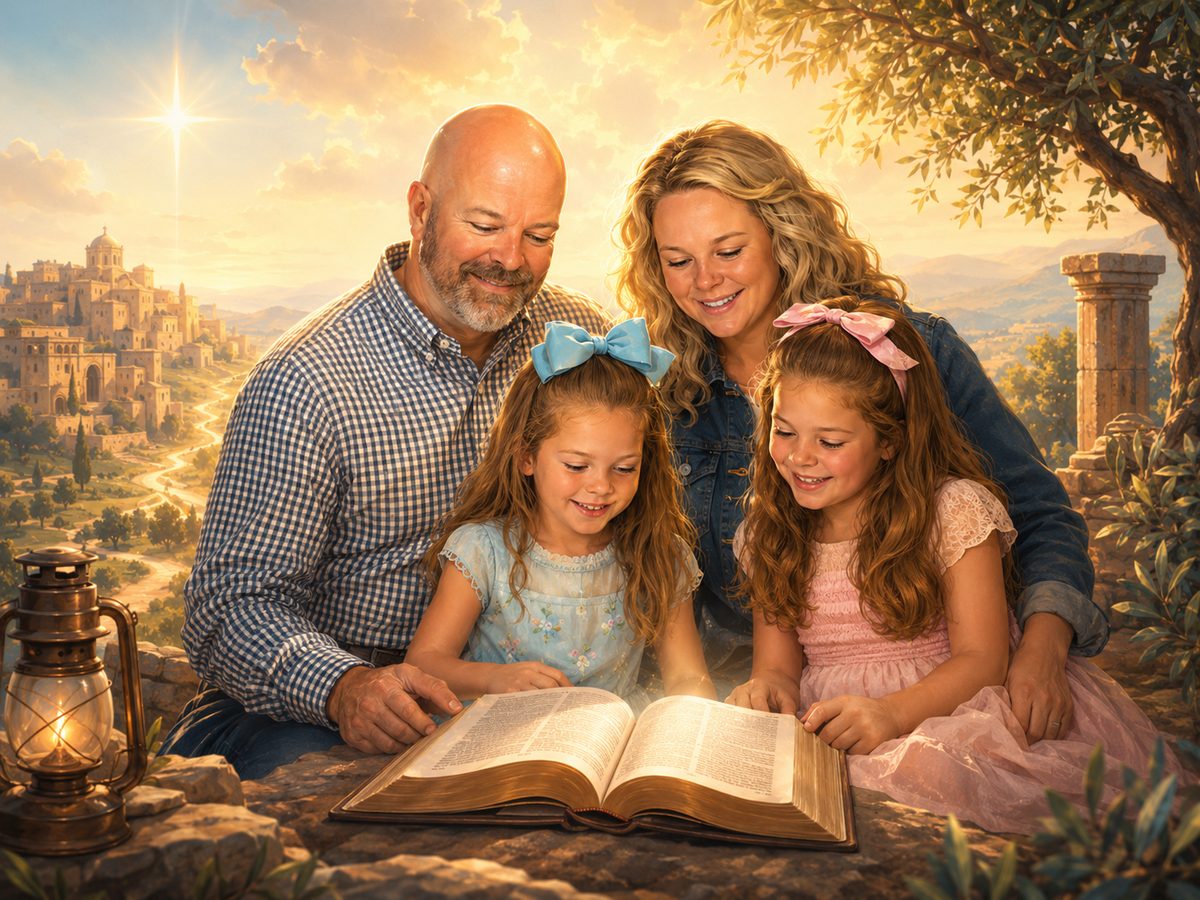 A family reading Scripture together by lantern light